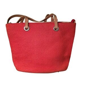 Vtg Y2K Talbots Red Woven Straw Tote Bag Tan Leather Straps Summer Beach